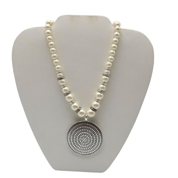 Scroll and Dots Elegant Faux Pearl Necklace With Silver-Tone Pendant - Picture 1 of 6